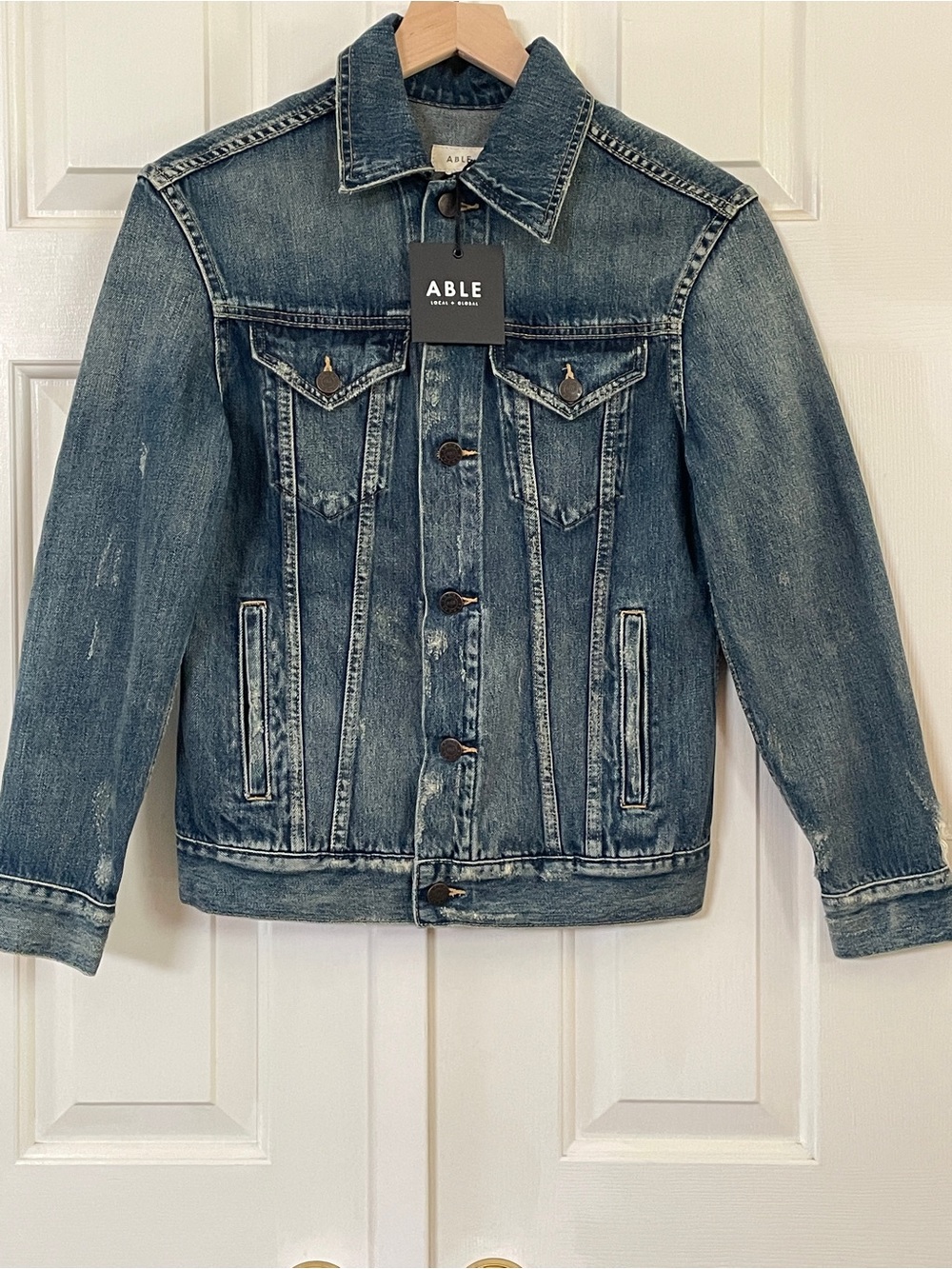 NWT ABLE The Merly Distressed Denim Jacket Mina Wash XS
